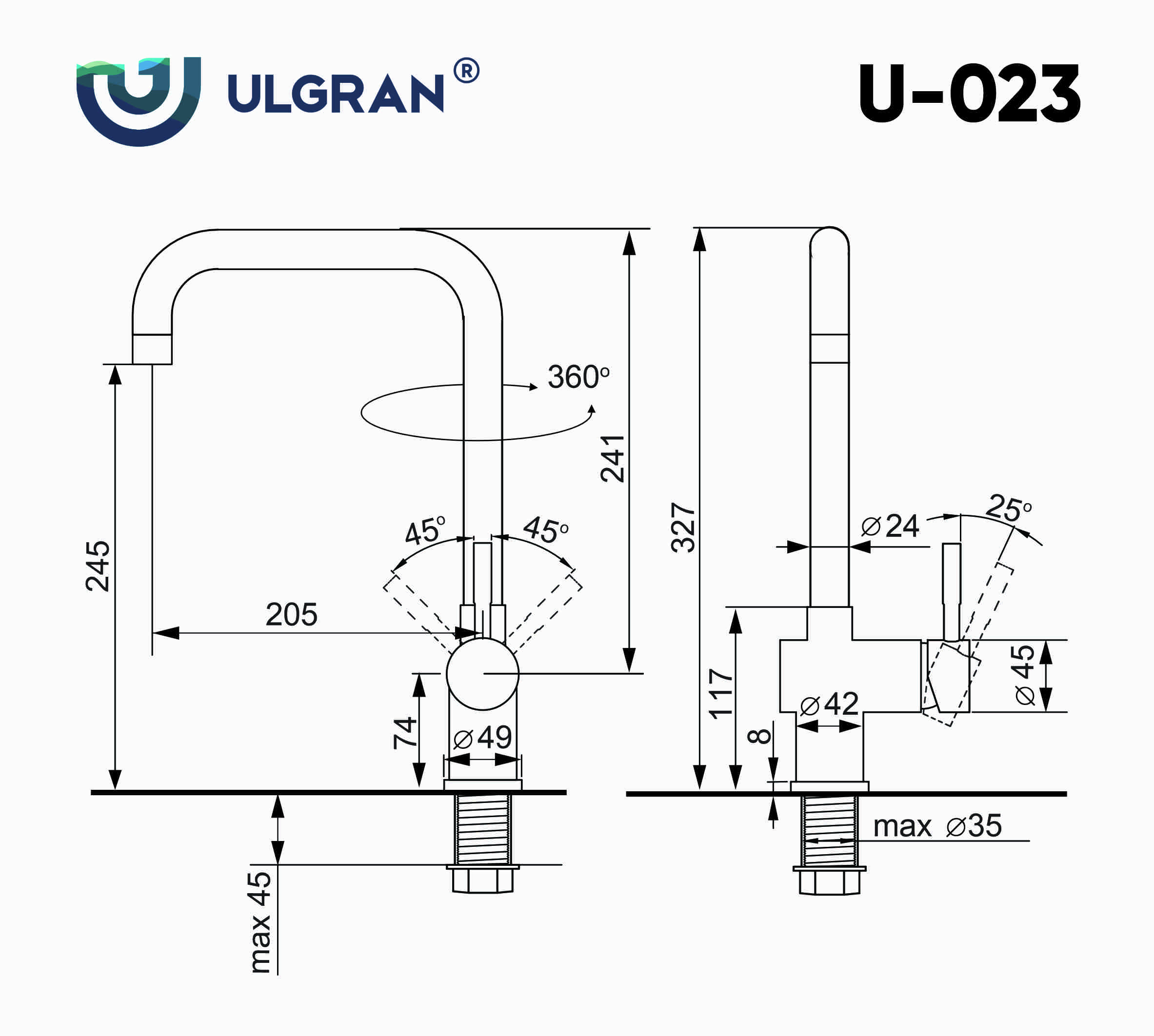 Смеситель ULGRAN U-023 однорычажный с высоким поворотным изливом-309 Тёмно-серый — изображение 2