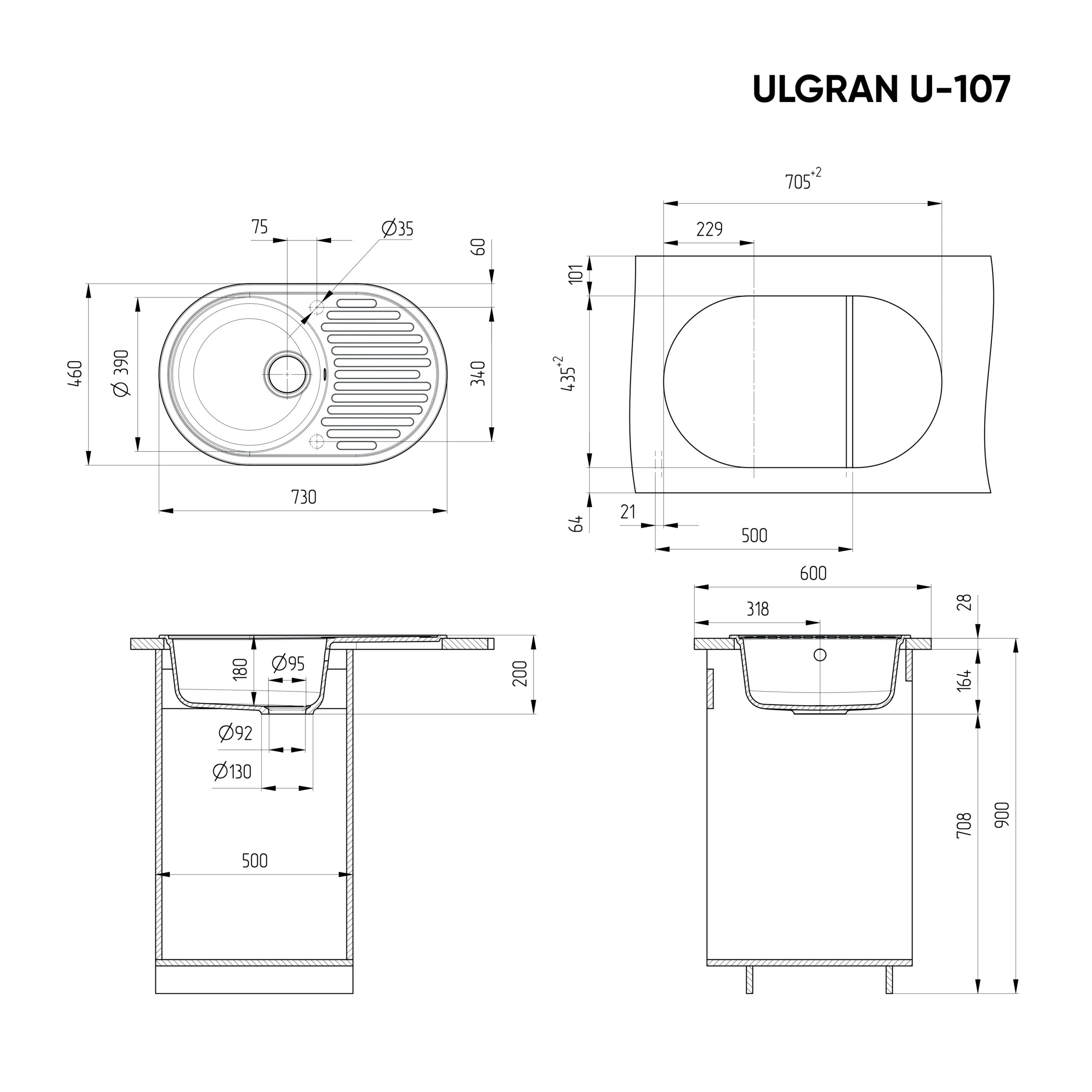 Кухонная мойка ULGRAN U-107 односекционная реверсивная, Цвет: 308 Чёрный — изображение 2